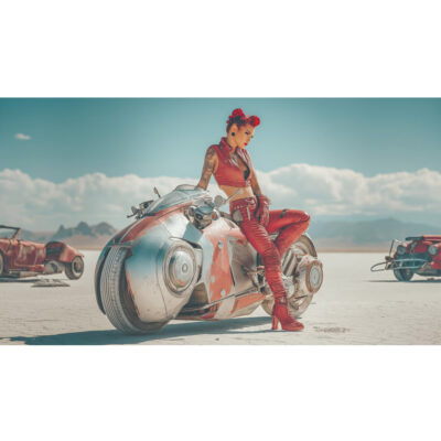 Desert Red MotoGirl, Futuristic Motorcyle Racer in Red Poster, Art Print