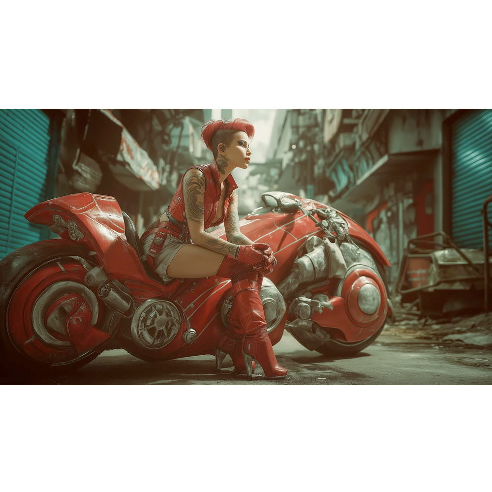 Street Red MotoGirl, Futuristic Motorcyle Racer in Red, Art Print