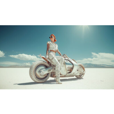 Desert White MotoGirl, Futuristic Motorcyle Racer in White Poster, Art Print