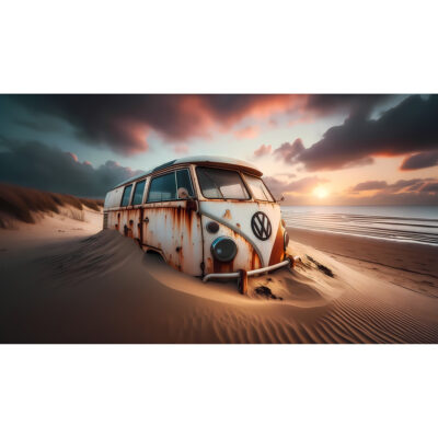 Beach Patina, Volkswagen Split Screen Bus abandoned on the beach print
