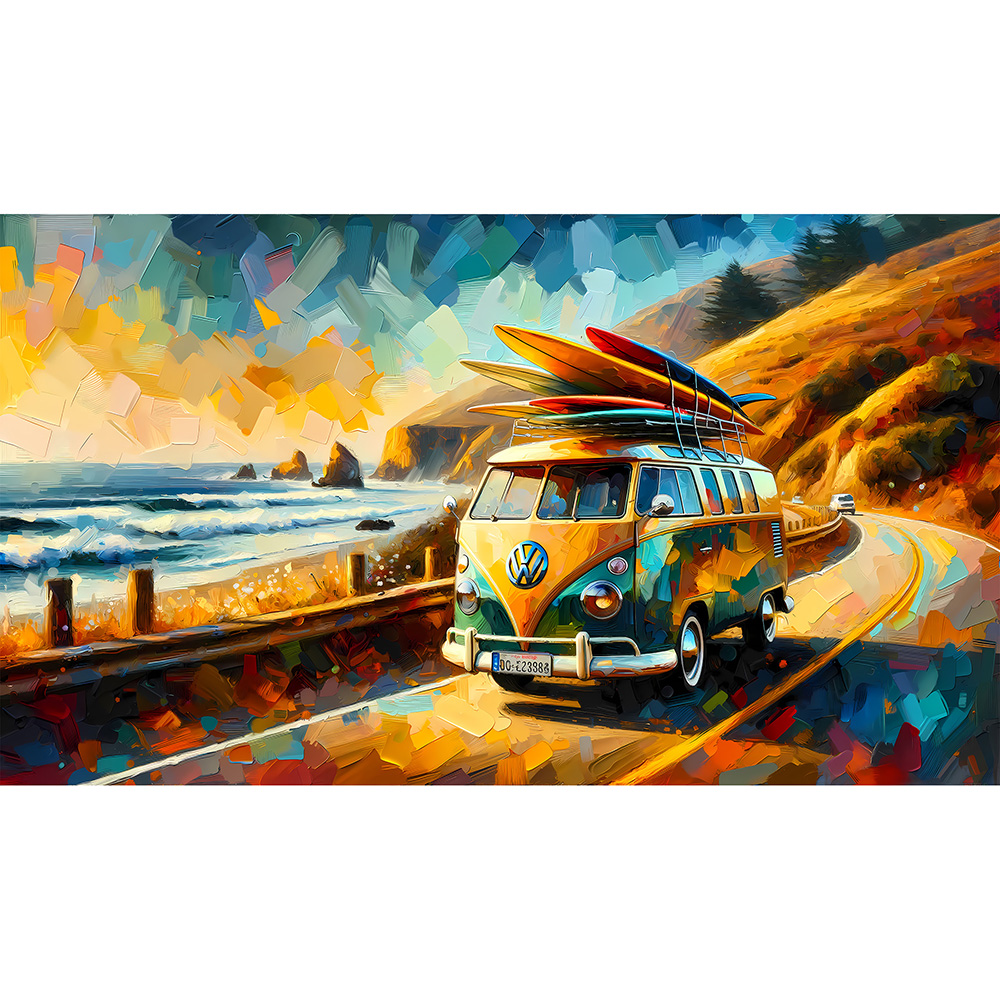 Split Screen Surfer, Volkswagen Split Screen on Californian Highway Quality Art Print