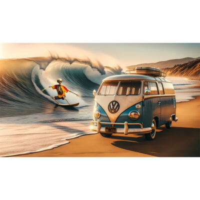 Hippy Surfing Skeleton - Volkswagen Split Screen on the beach print